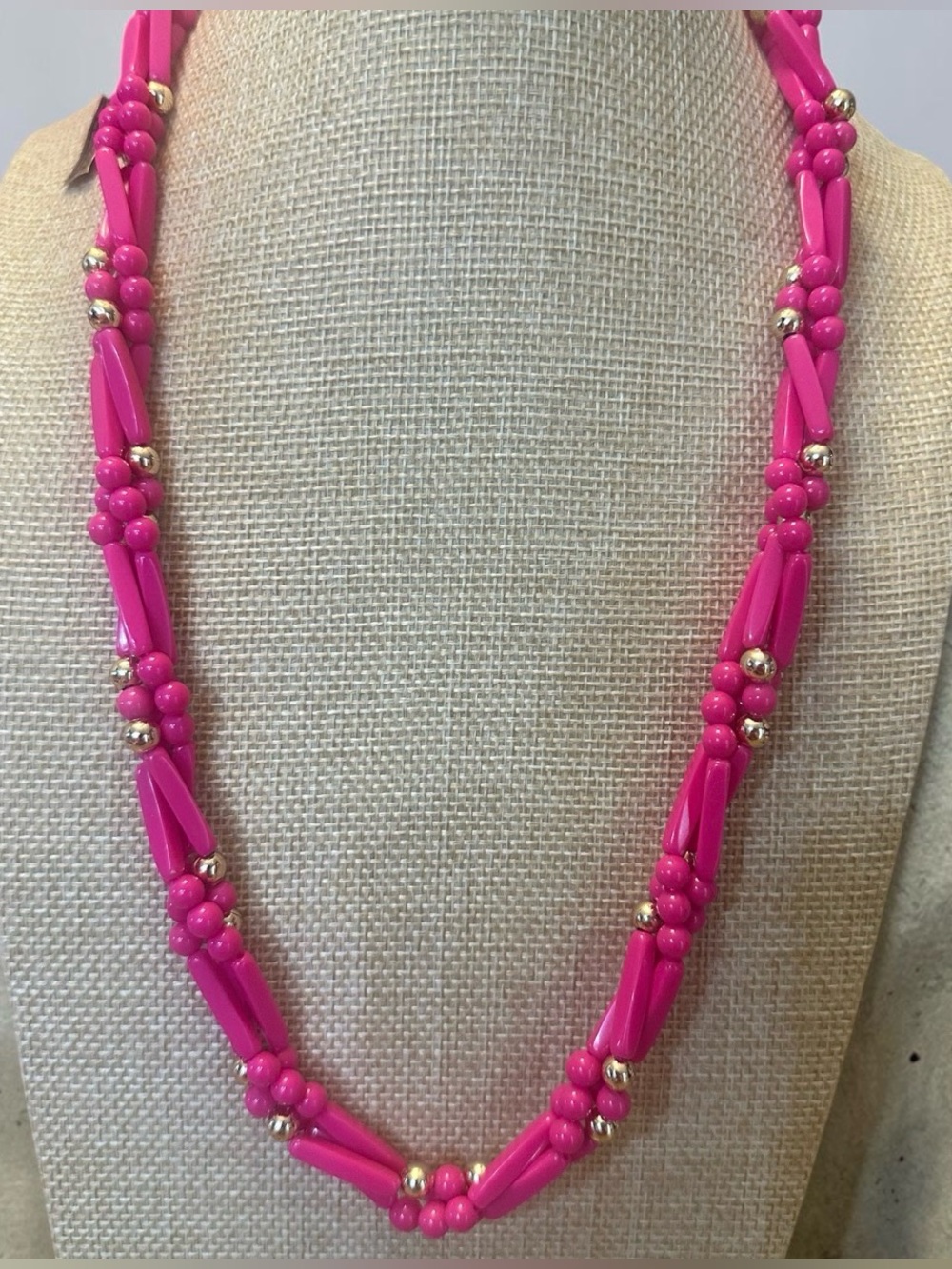 Hot Pink Beaded Genuine Lucite Necklace with Gold Tone accents.